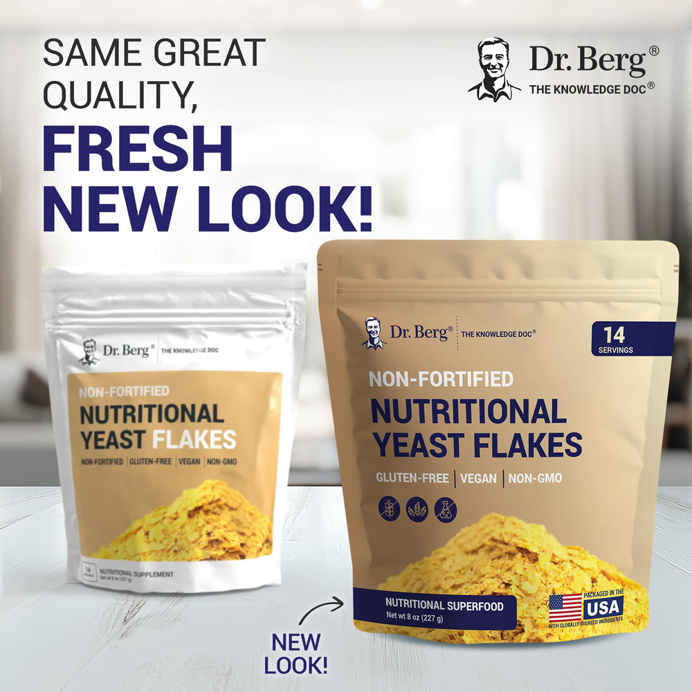 Dr. Berg Premium Nutritional Yeast Flakes closeup texture highlights flaky granules rich in flavor and vitamins.