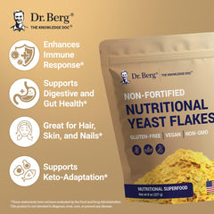 Dr. Berg Premium Nutritional Yeast Flakes in cooking scene illustrates versatile flavor enhancer.
