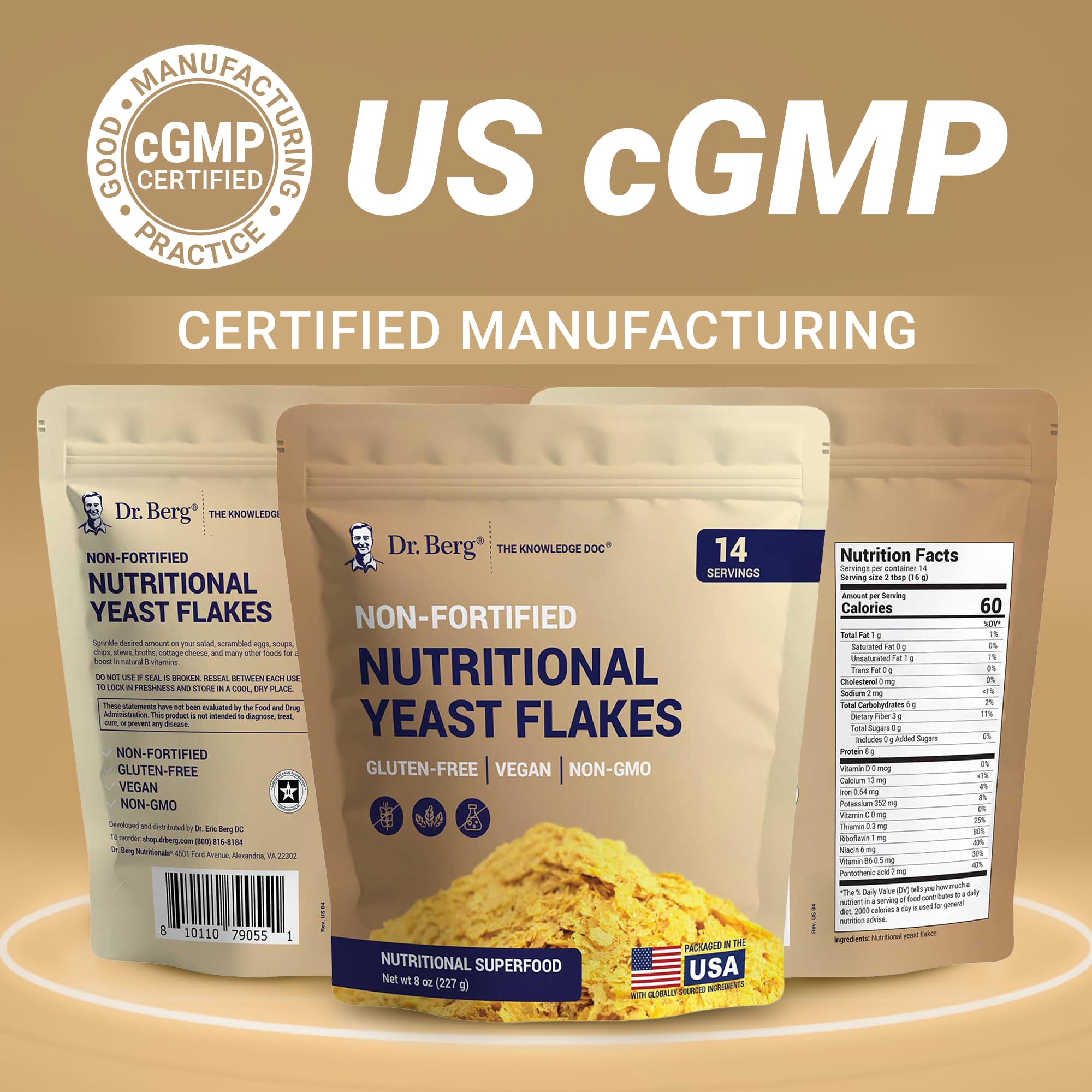 Dr. Berg Premium Nutritional Yeast Flakes front label highlights quality ingredients.