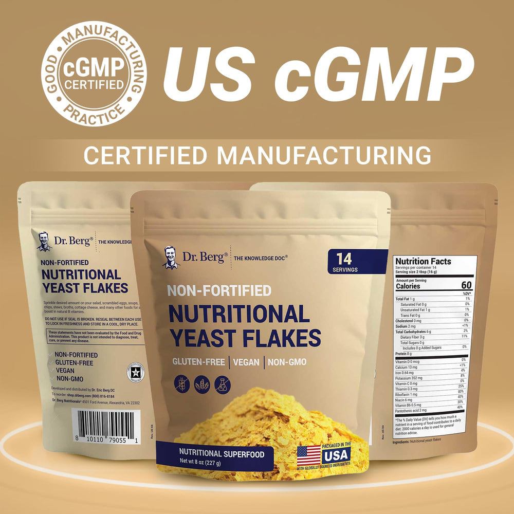Dr. Berg Premium Nutritional Yeast Flakes front label highlights quality ingredients.
