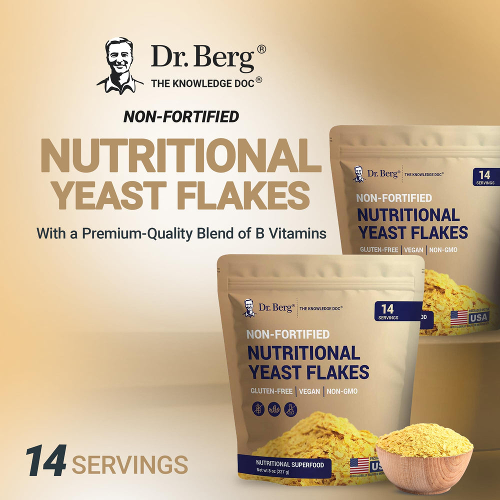 Dr. Berg Premium Nutritional Yeast Flakes packaging front communicates quality and ingredients.