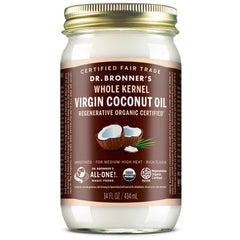 Dr. Bronner's Organic Virgin Coconut Oil bottle pouring for cooking and skin care.