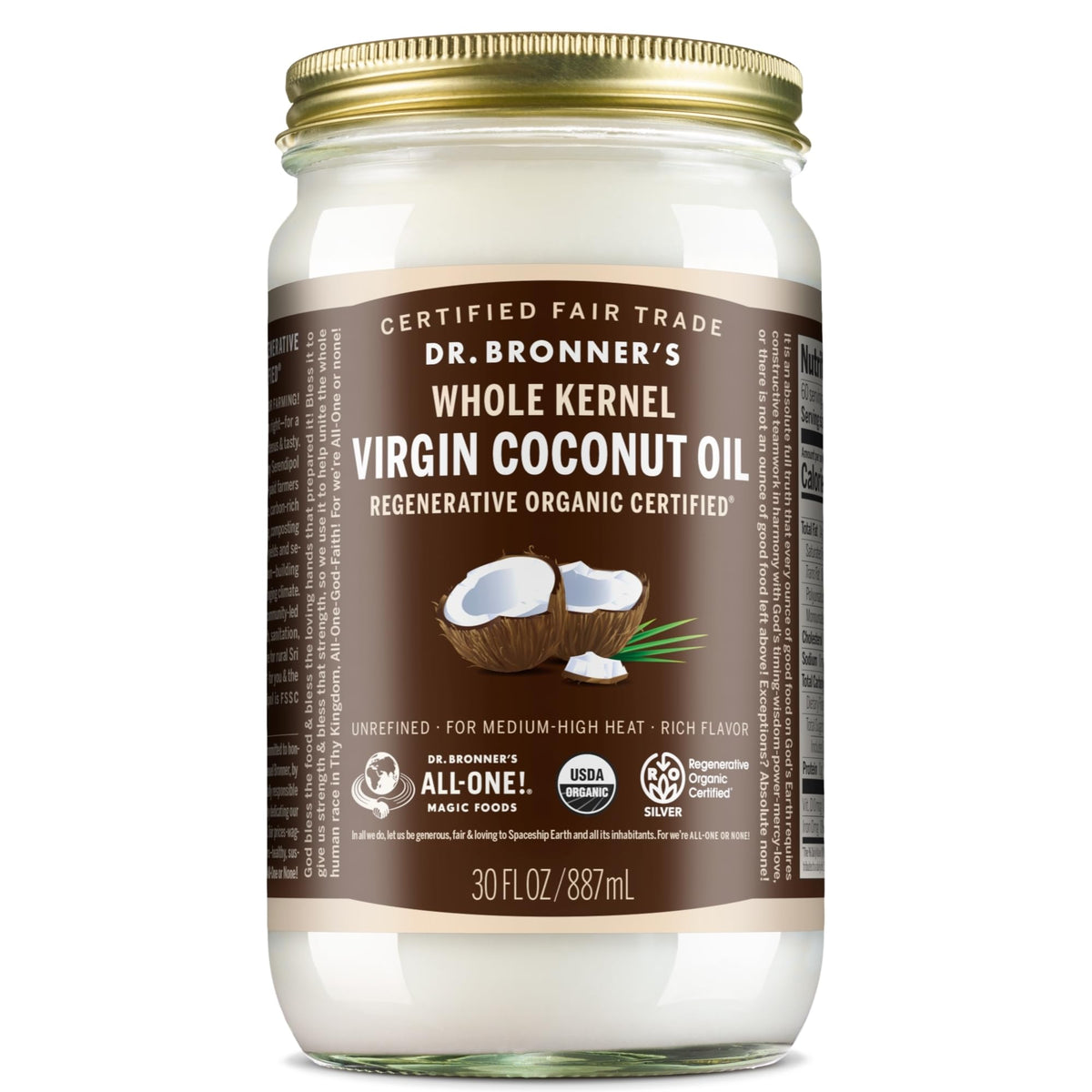 Dr. Bronner's Organic Virgin Coconut Oil whole kernel jar for versatile cooking and body care