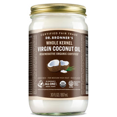 Dr. Bronner's Organic Virgin Coconut Oil whole kernel jar for versatile cooking and body care