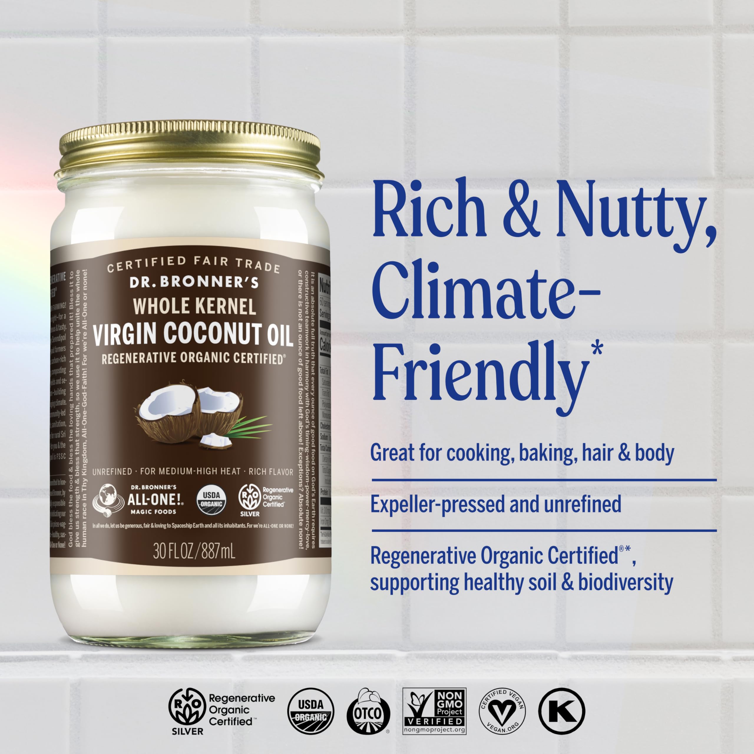 Dr. Bronner's Organic Virgin Coconut Oil pour bottle for stir-fry and baking