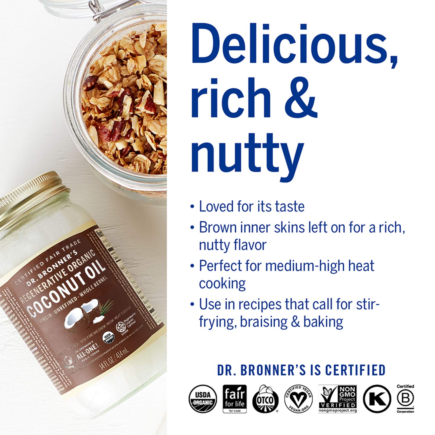 Whole kernel coconut oil jar with a nutty aroma ready to use.