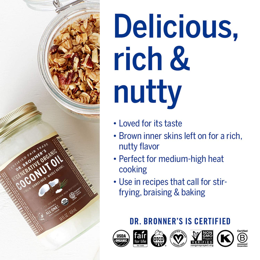 Whole kernel coconut oil jar with a nutty aroma ready to use.