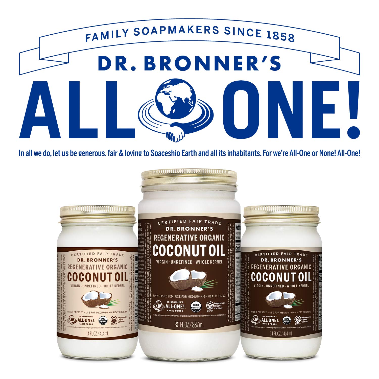 Regenerative Organic Certification badge beside Dr. Bronner's coconut oil.
