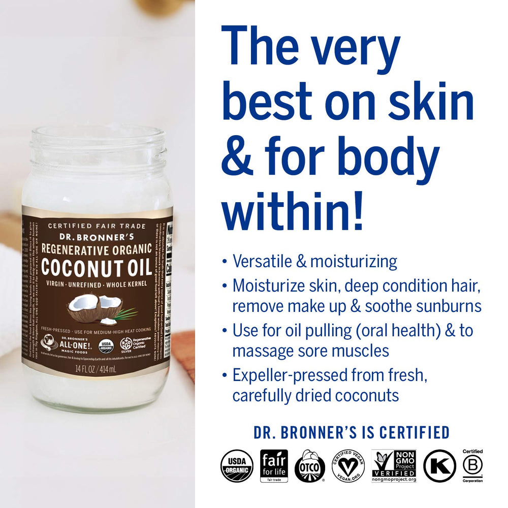 Close-up of Dr. Bronner's oil for hair and skin care routine.