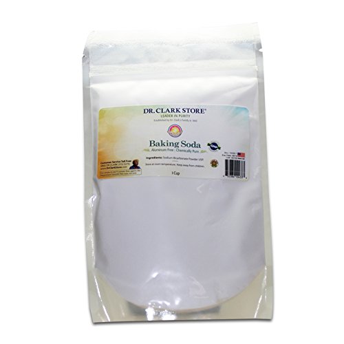 Dr Clark Store baking soda 1-cup packaging shows pure, aluminum-free formula for kitchen and cleaning.