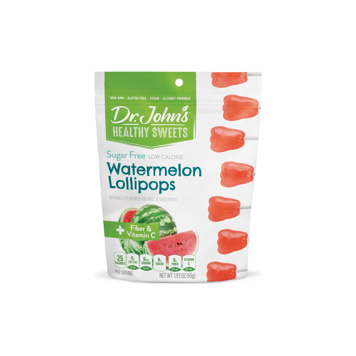 Dr. John's Candies Watermelon Sugar-Free Lollipop front view for a guilt-free treat.
