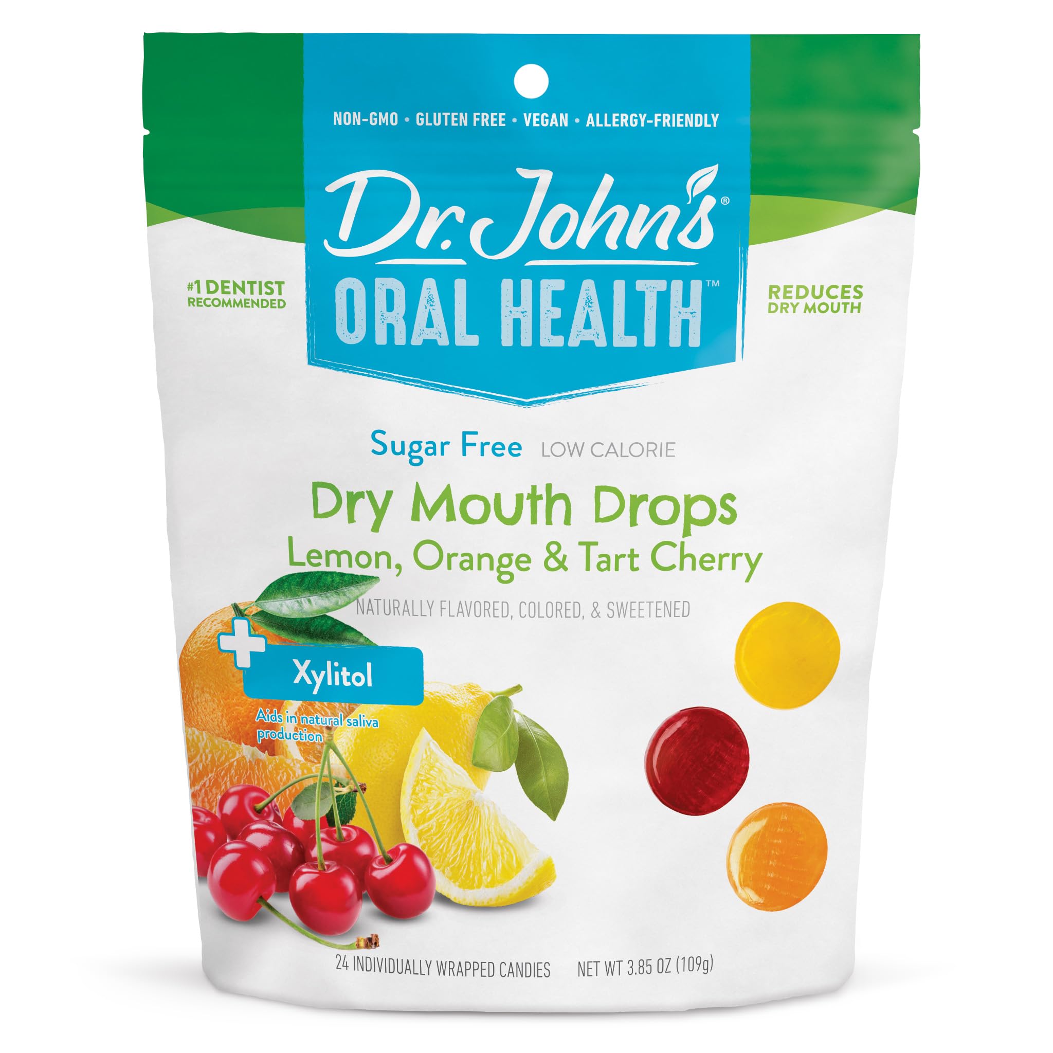 Dr. John's Dry Mouth Drops Lemon bag: sugar-free citrus relief.