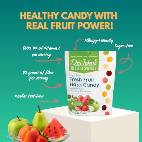Hard candies displayed on a wooden surface with bright colors from Dr. John’s Healthy Sweets