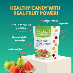 Hard candies displayed on a wooden surface with bright colors from Dr. John’s Healthy Sweets