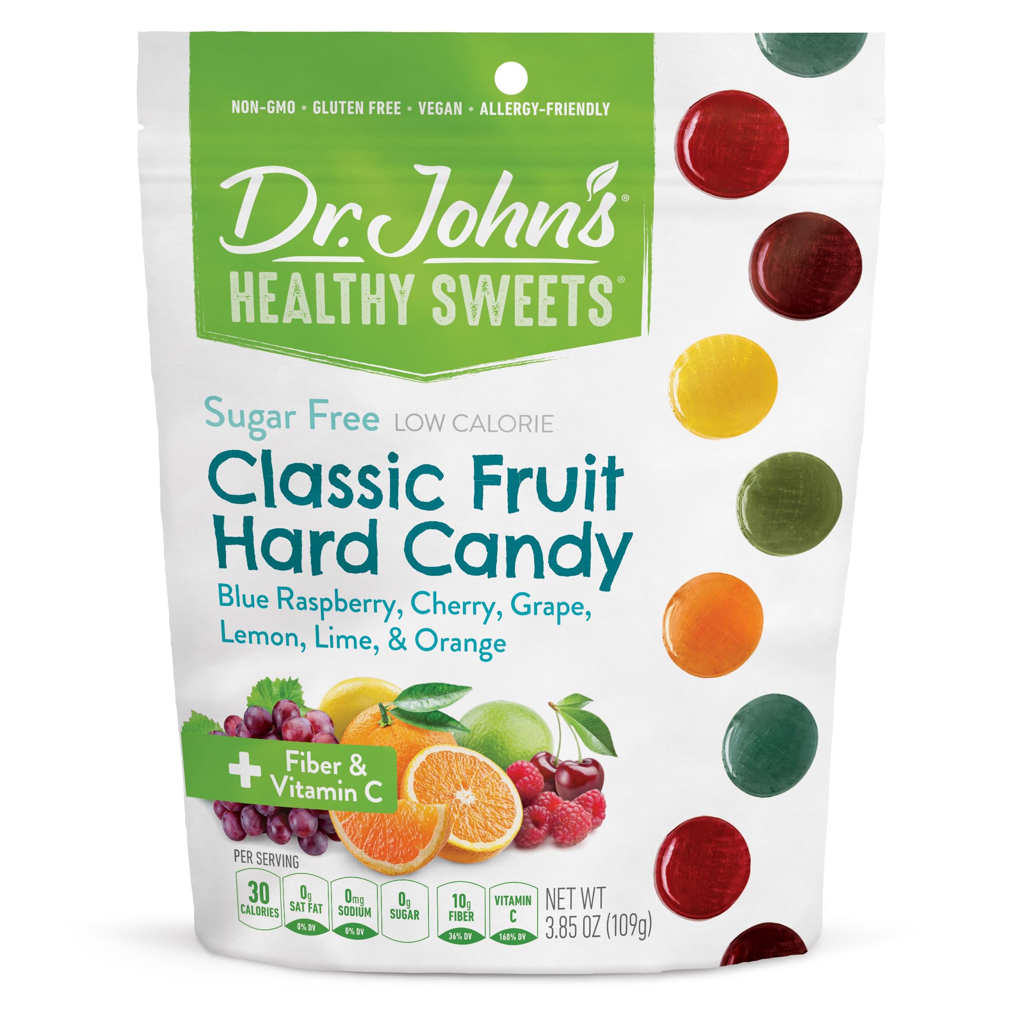 Dr. John's Healthy Sweets classic fruit hard candy zero-sugar front packaging for brand visibility