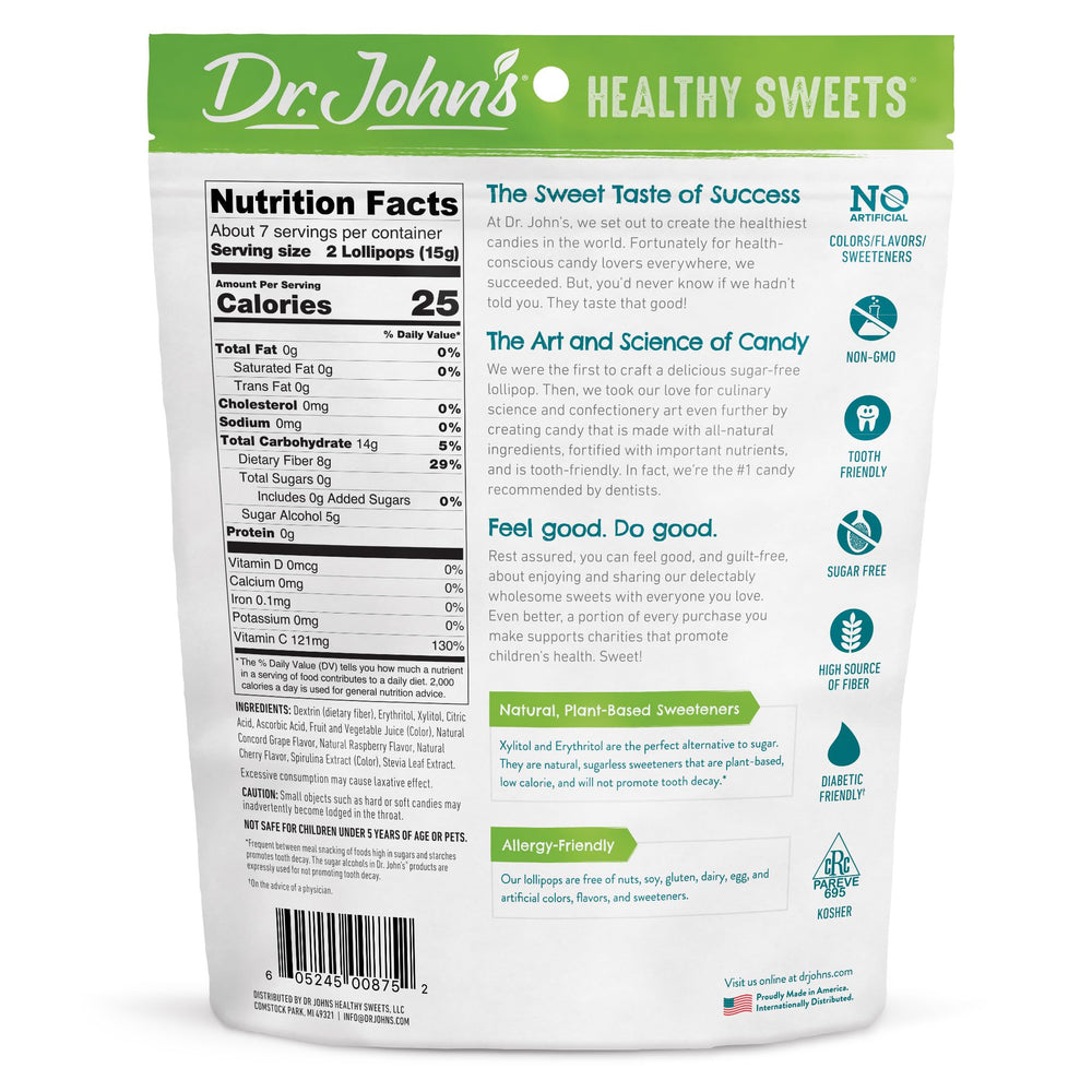 Dr. John's Healthy Sweets grape lollipop delivering vibrant flavor and zero sugar for mindful indulgence