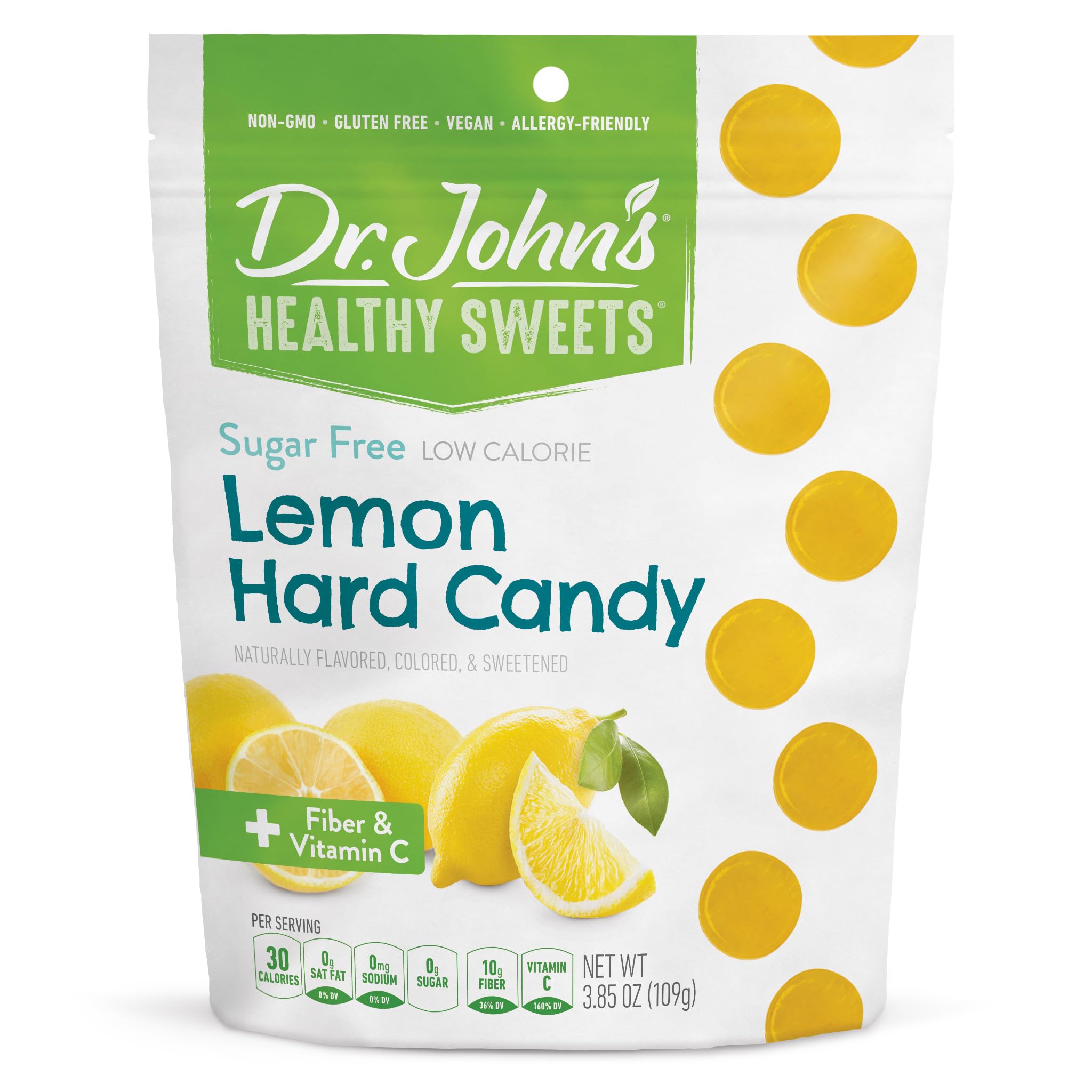 Dr. John's Healthy Sweets Lemon candy packaging shows resealability for on-the-go freshness