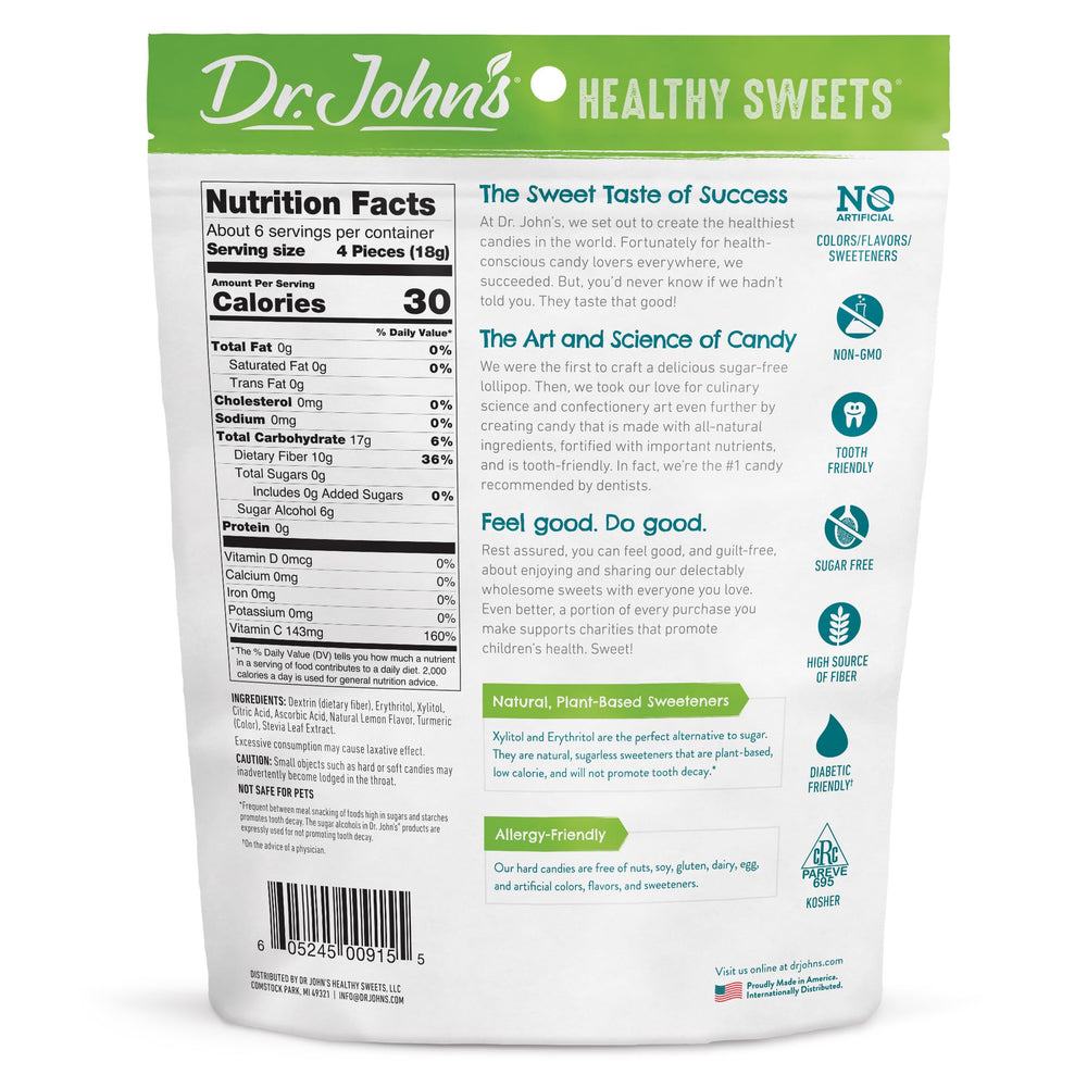 Dr. John's Healthy Sweets Lemon candy unwrapped, highlighting vibrant lemon color