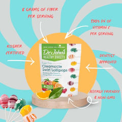 Dr. John's Healthy Sweets oval lollipop in resealable bag, convenient on-the-go snack.