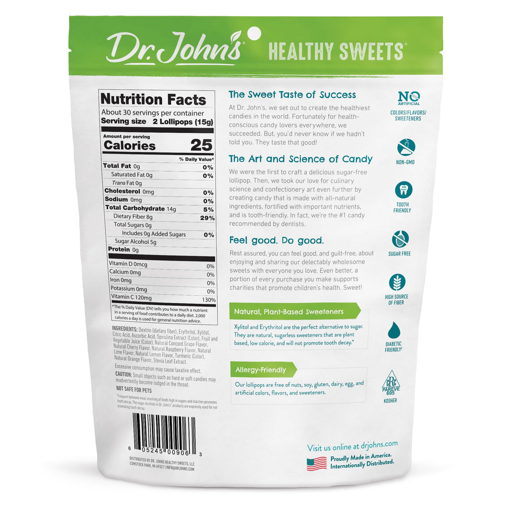 Close-up of Dr. John's oval lollipops with fruit flavors and vibrant colors