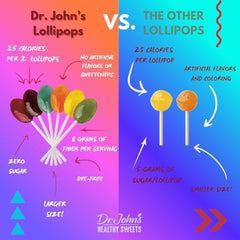 Dr. John's Healthy Sweets lollipops vegan and gluten-free labeling visible
