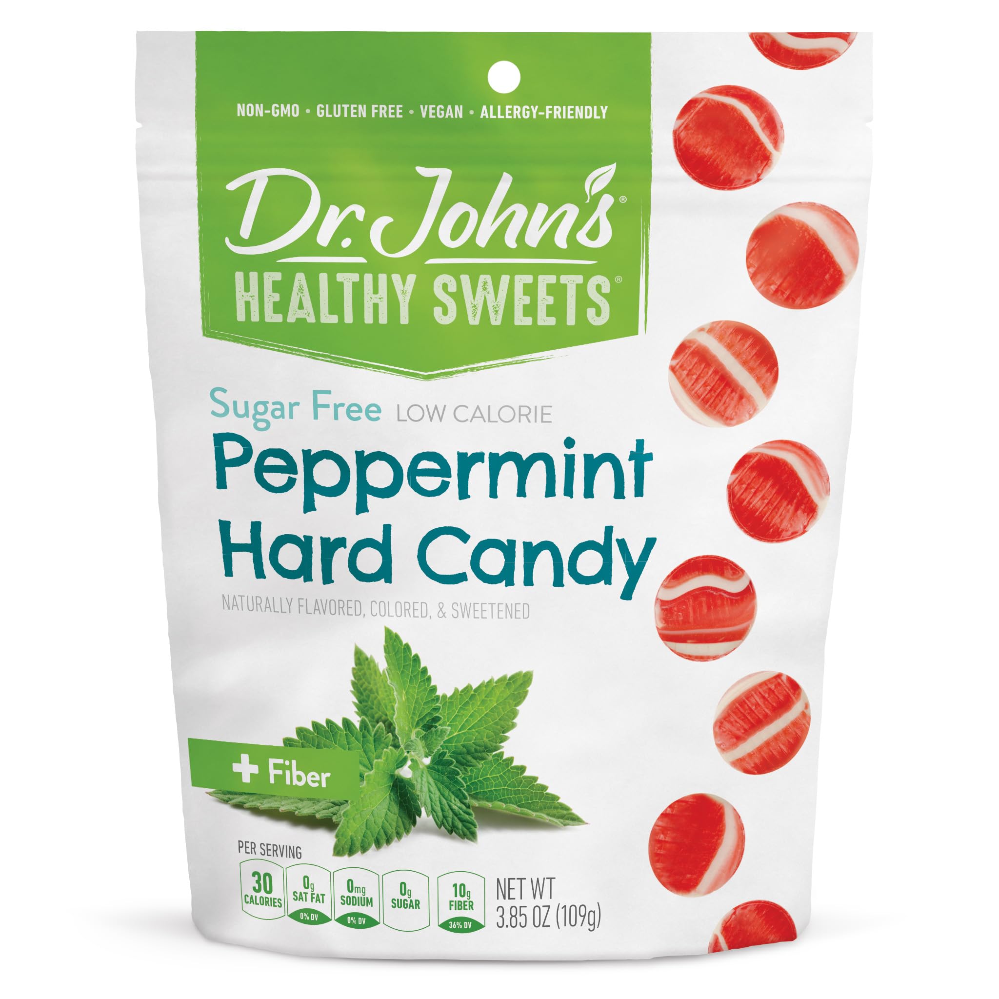 Dr. John's Healthy Sweets peppermint hard candy bag showcasing zero sugar and packaging
