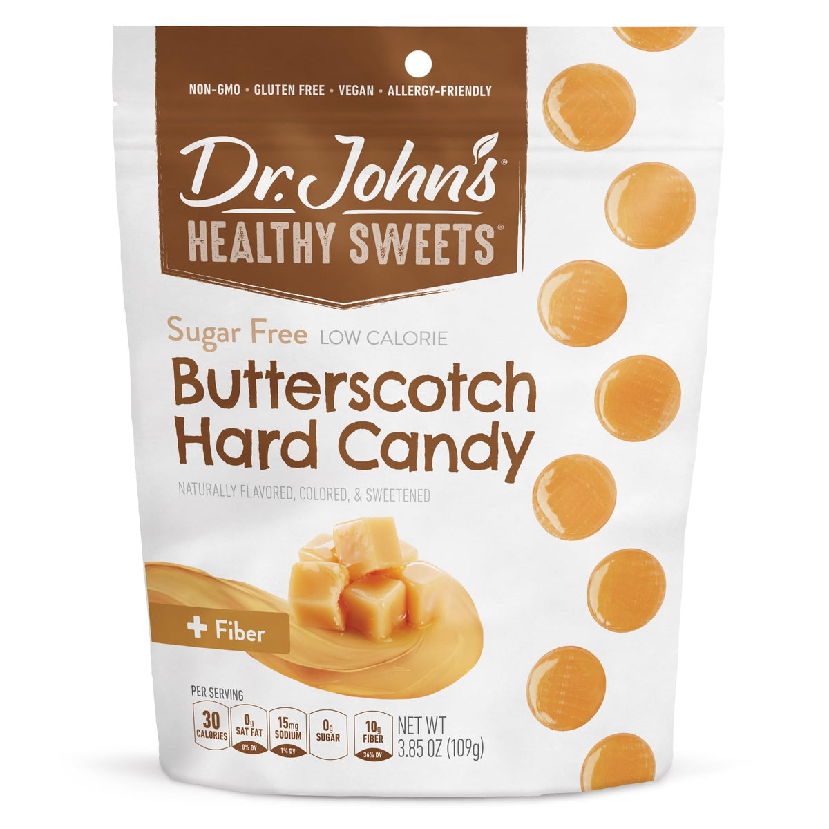 Dr. John's Healthy Sweets Sugar Free Butterscotch Candy bag emphasizes zero sugar for mindful snacking.