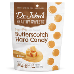Dr. John's Healthy Sweets Sugar Free Butterscotch Candy bag emphasizes zero sugar for mindful snacking.