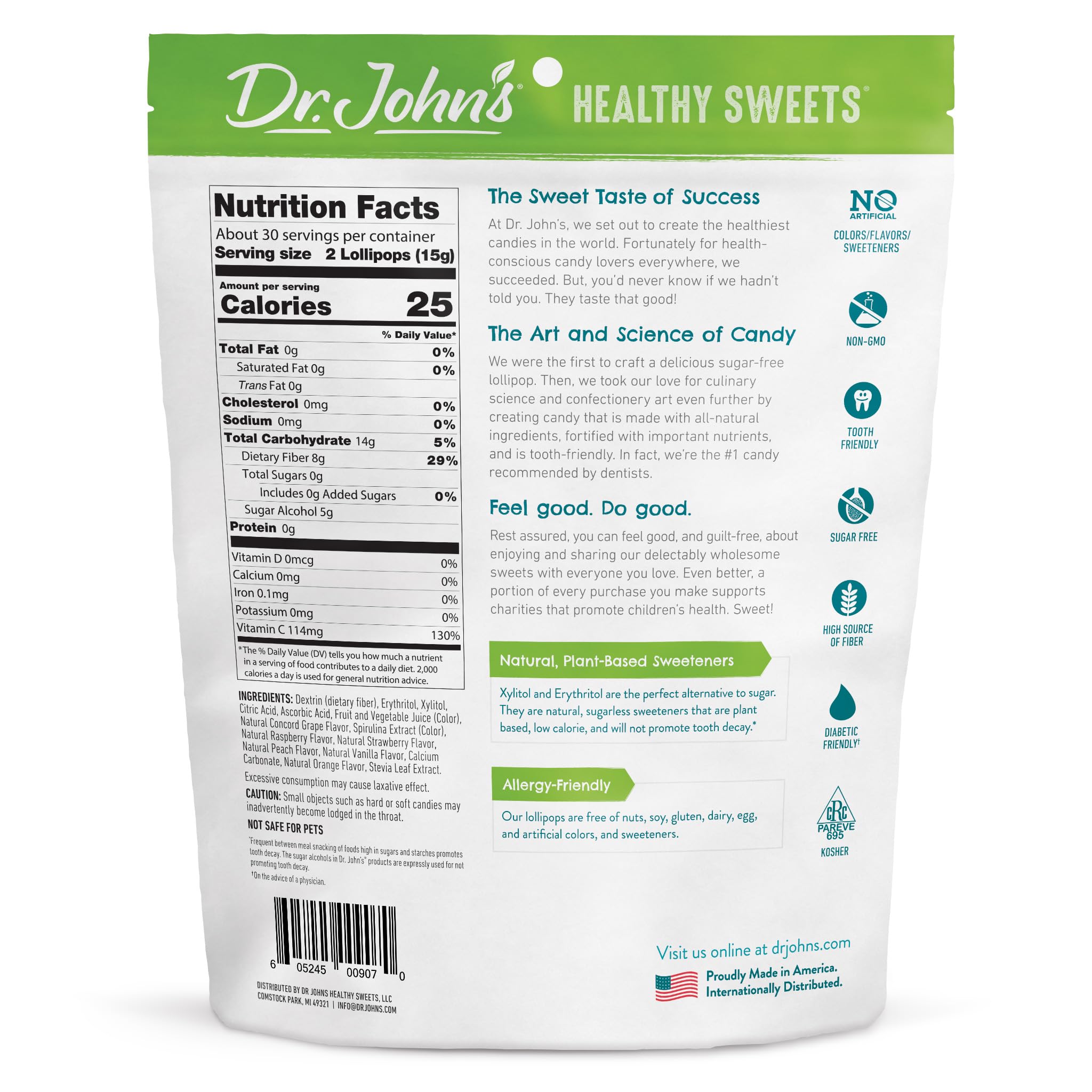 Dr. John's Healthy Sweets sugar-free lollipop close-up, vibrant color with no added sugar.