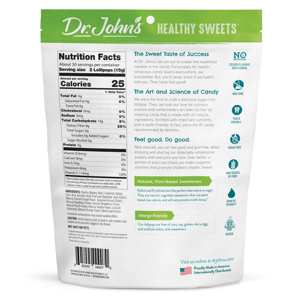 Dr. John's Healthy Sweets sugar-free lollipop close-up, vibrant color with no added sugar.