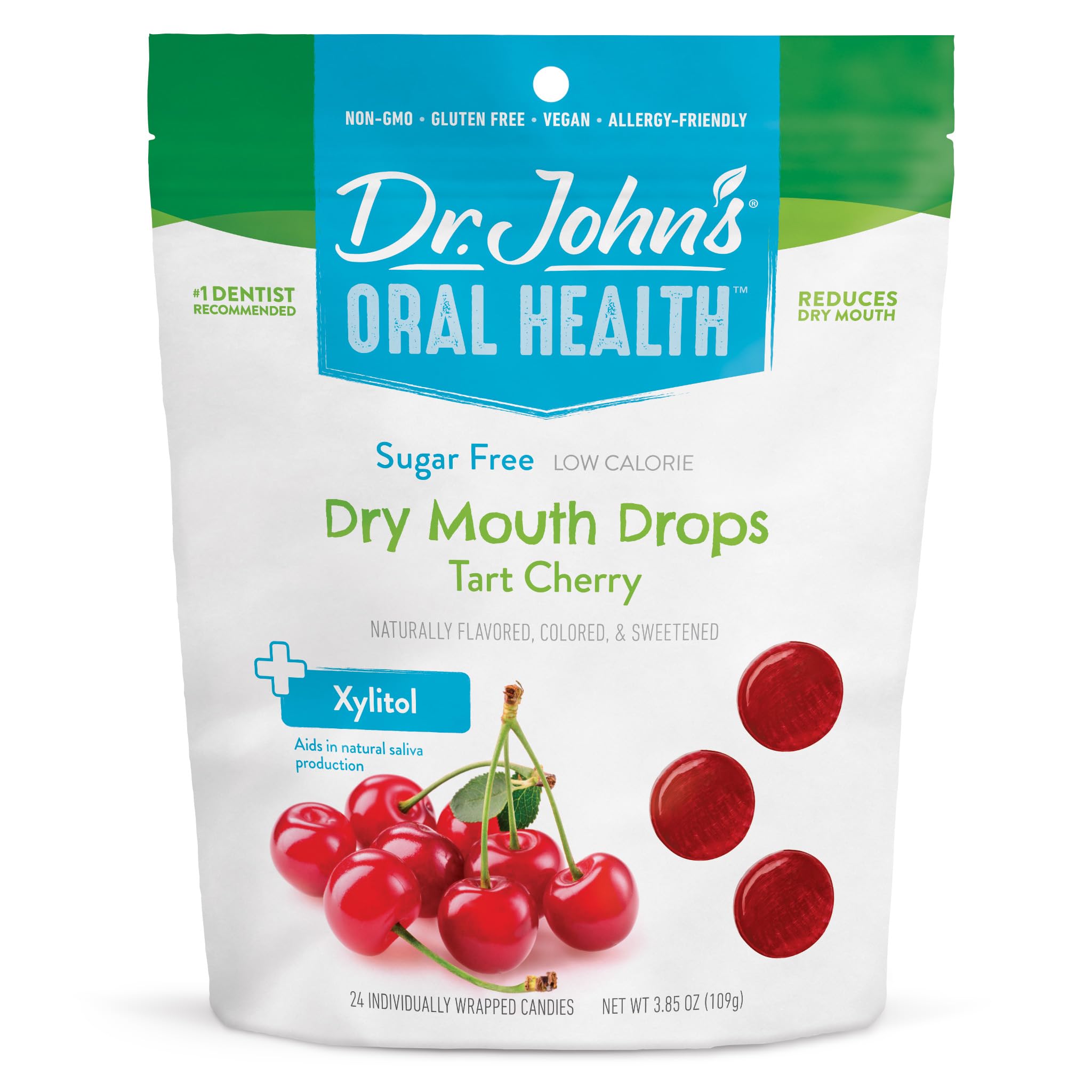 Dr. John's Tart Cherry Dry Mouth Drops bottle highlights zero sugar and plant-based formula.