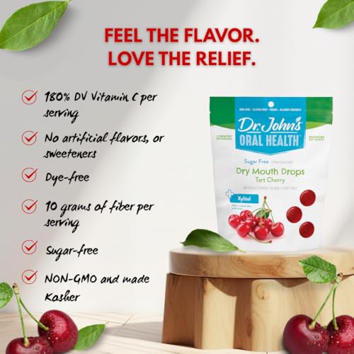 Close-up of ingredients panel on Dr. John's Tart Cherry Drops showing natural flavors.