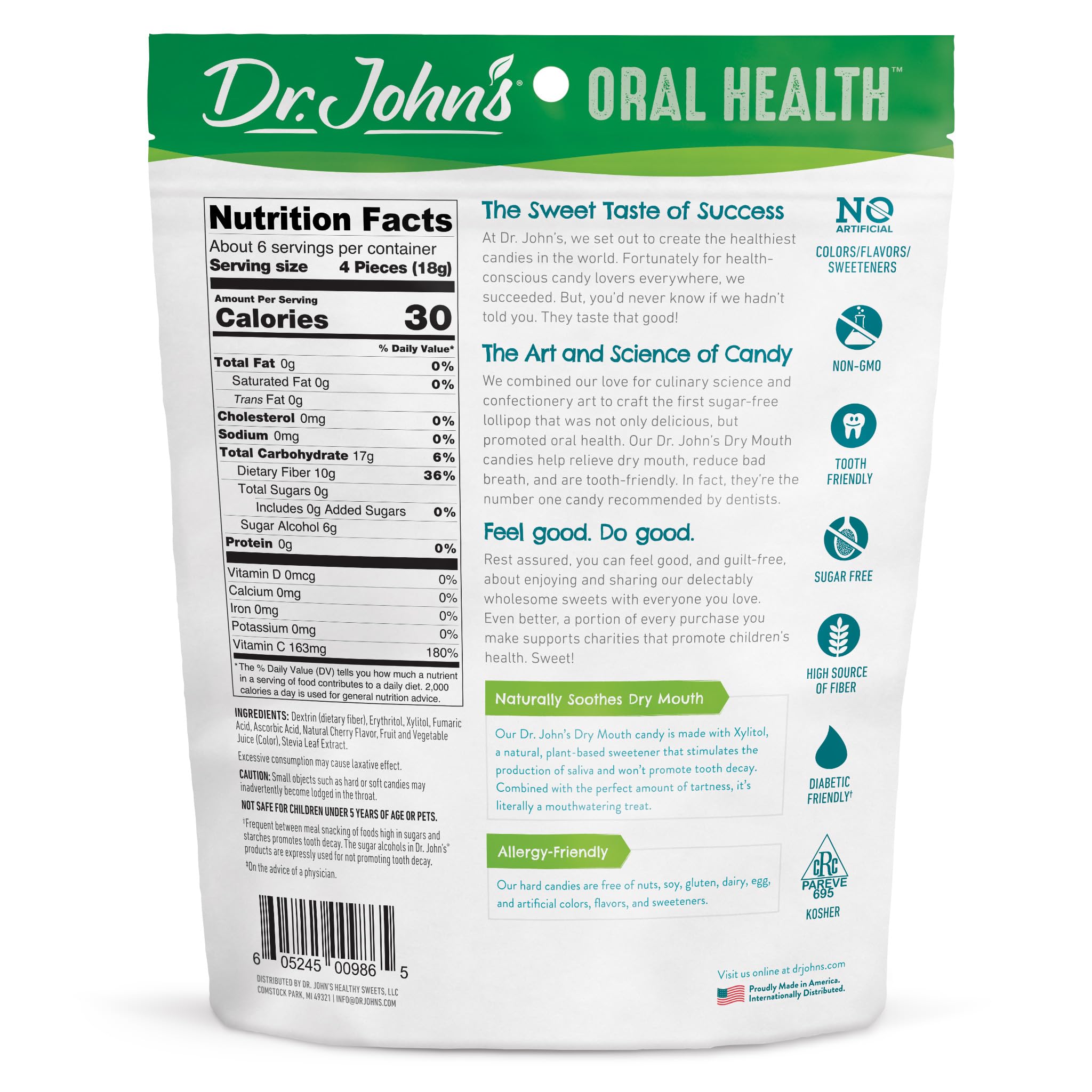 Dr. John's Tart Cherry Dry Mouth Drops packaging indicates keto-friendly, sugar-free relief.