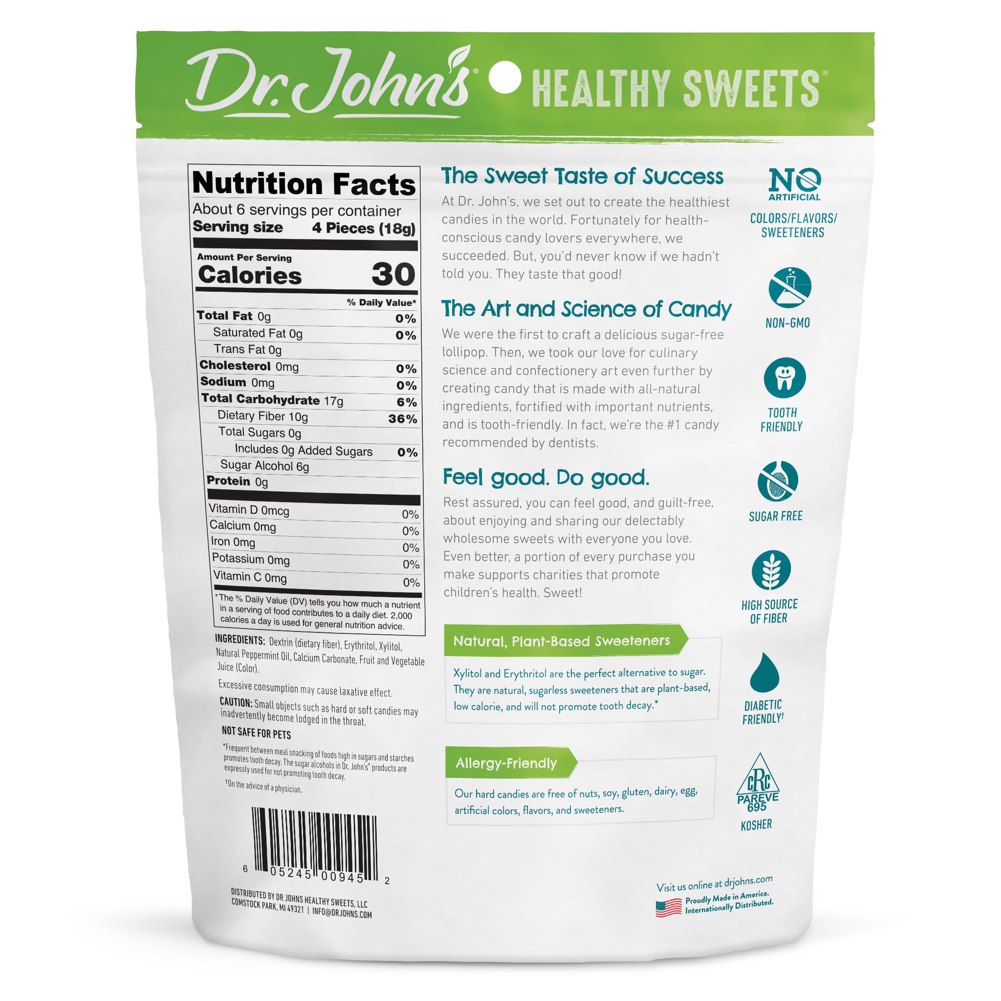 Close-up of Dr. John's peppermint candy emphasizing zero sugar