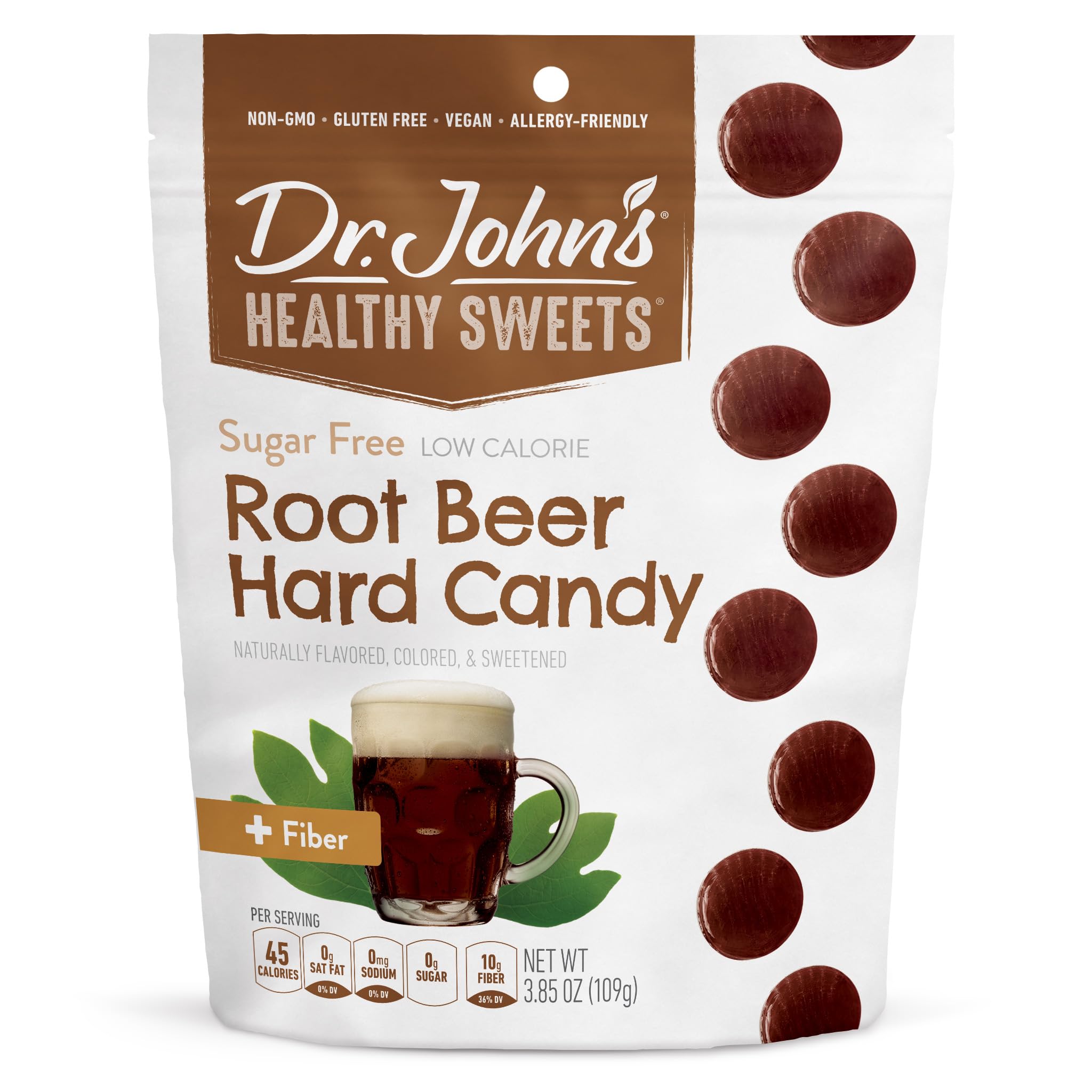 Dr. John's Root Beer Candy with 24 wrapped pieces for on-the-go snacking.