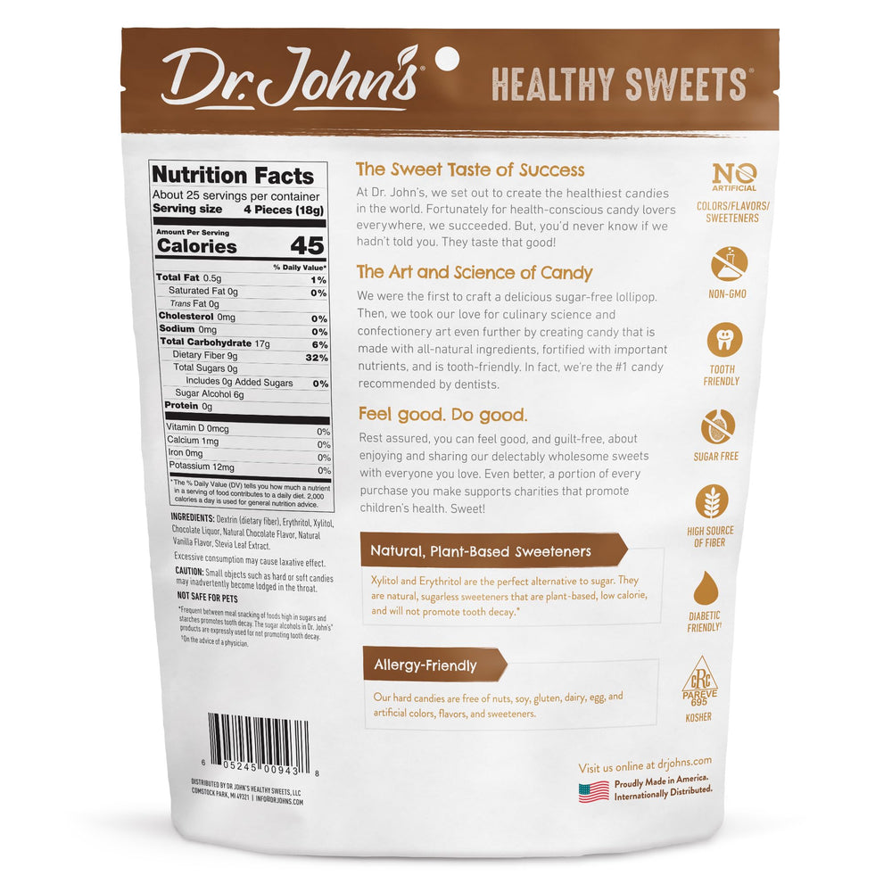 Dr. John's sugar-free chocolate candy close-up showing glossy texture.