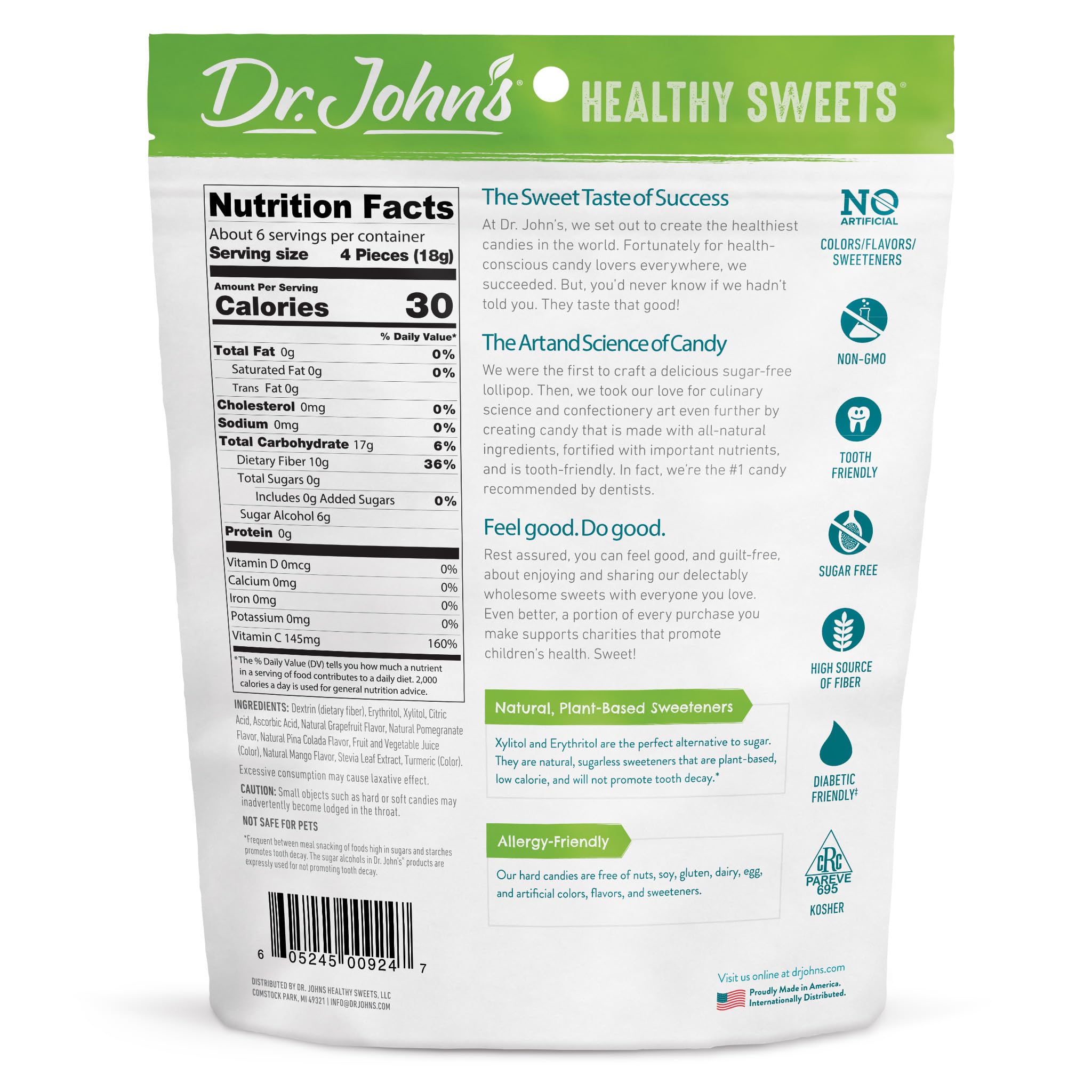 Dr. John's Sugar Free Candy label close-up highlights clean ingredients and zero calories