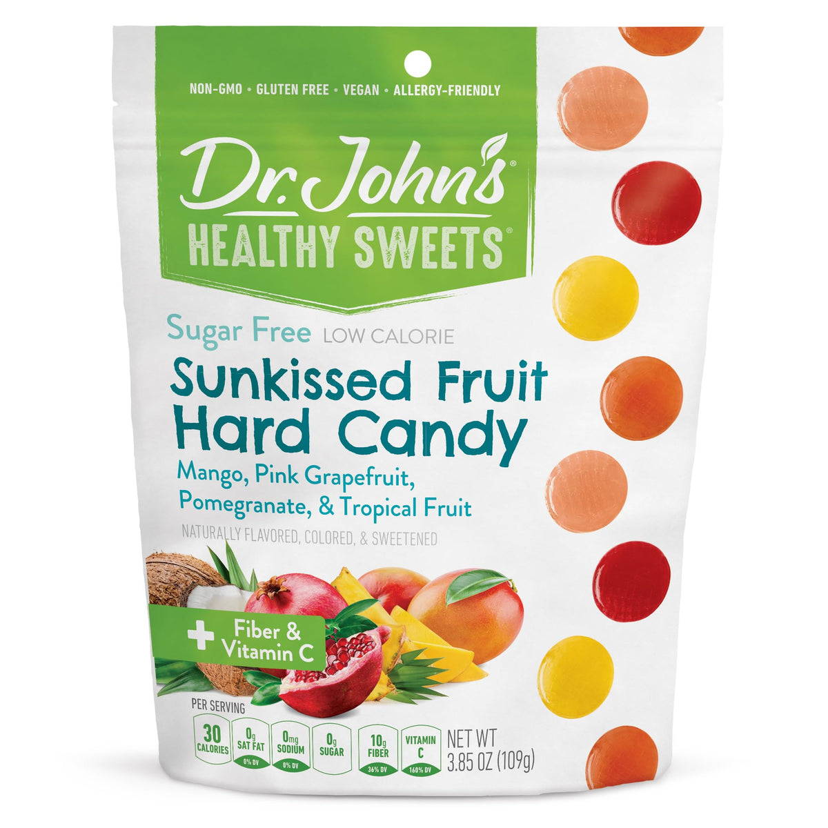 Dr. John's Sugar Free Candy Sunkissed Fruit pack shows zero sugar and fruity flavor