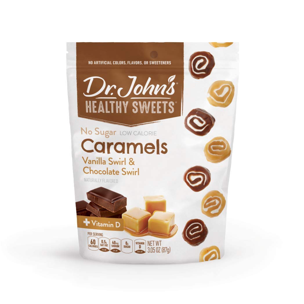 Dr. John's Sugar Free Caramel Swirls pack, assorted flavors, ideal for keto-friendly snacking.
