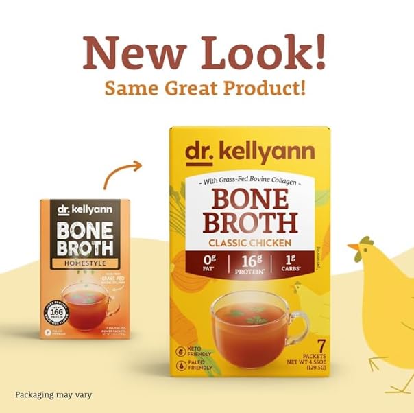Dr. Kellyann bone broth packet being mixed into hot water for nourishment