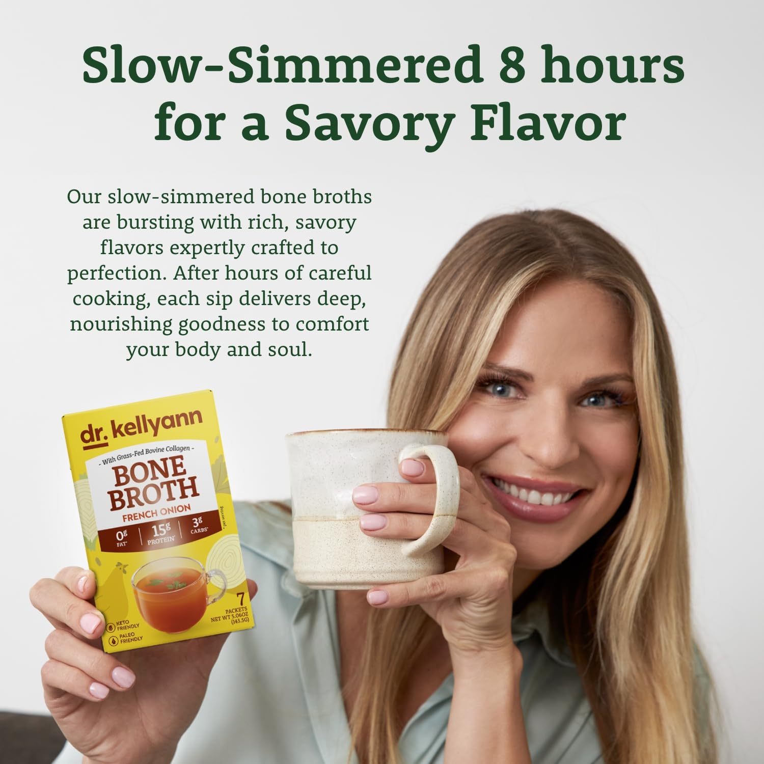 Dr. Kellyann bone broth packet steaming cup ready to sip