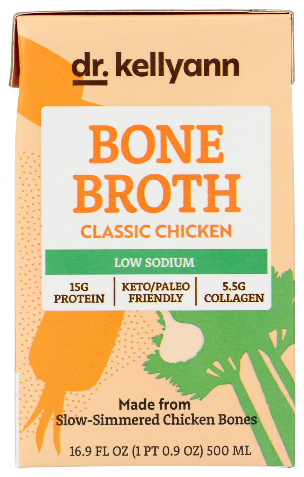 Dr. Kellyann bone chicken broth pour highlighting low-sodium benefit for easy meals