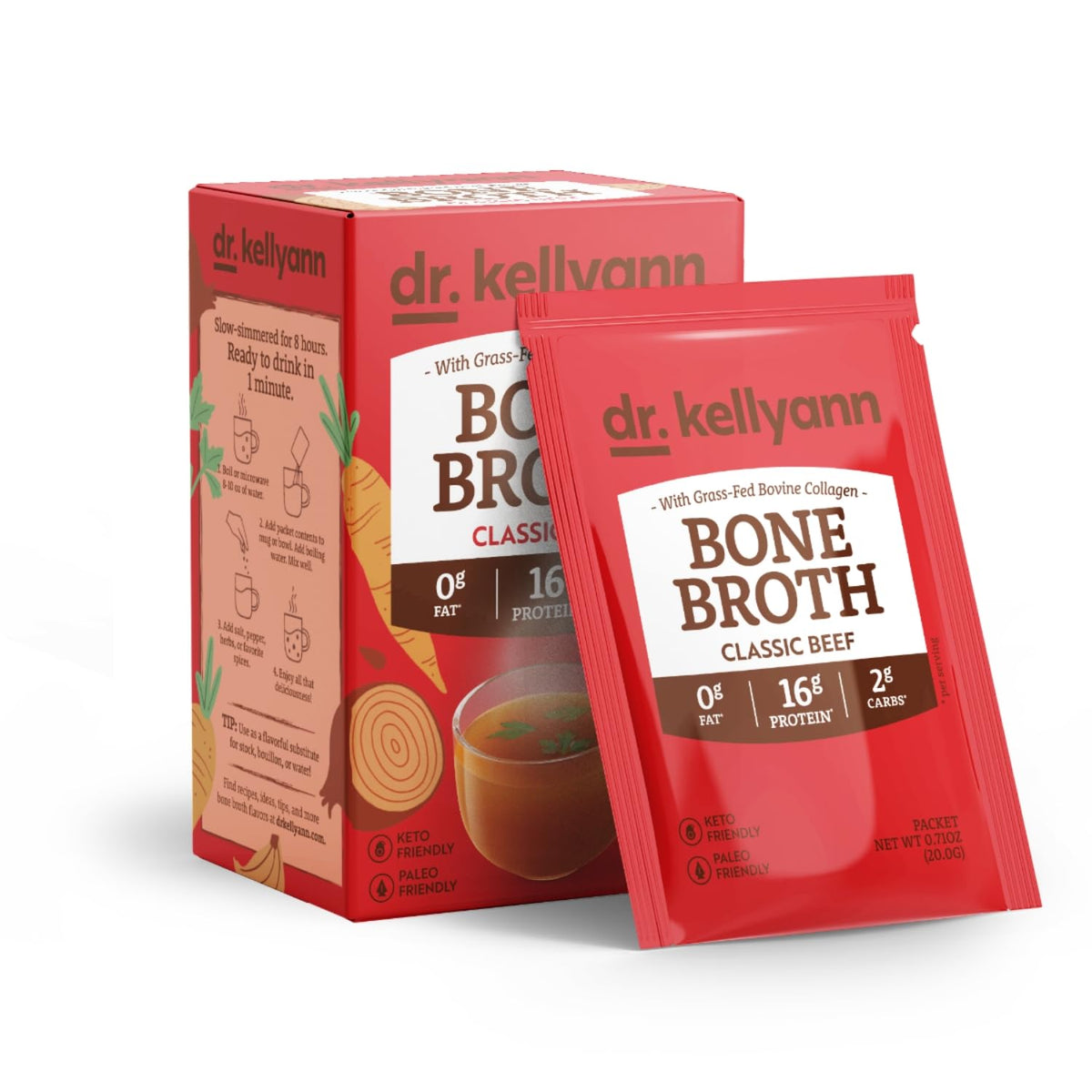 Dr. Kellyann classic beef bone broth packets ready to mix for a quick protein boost