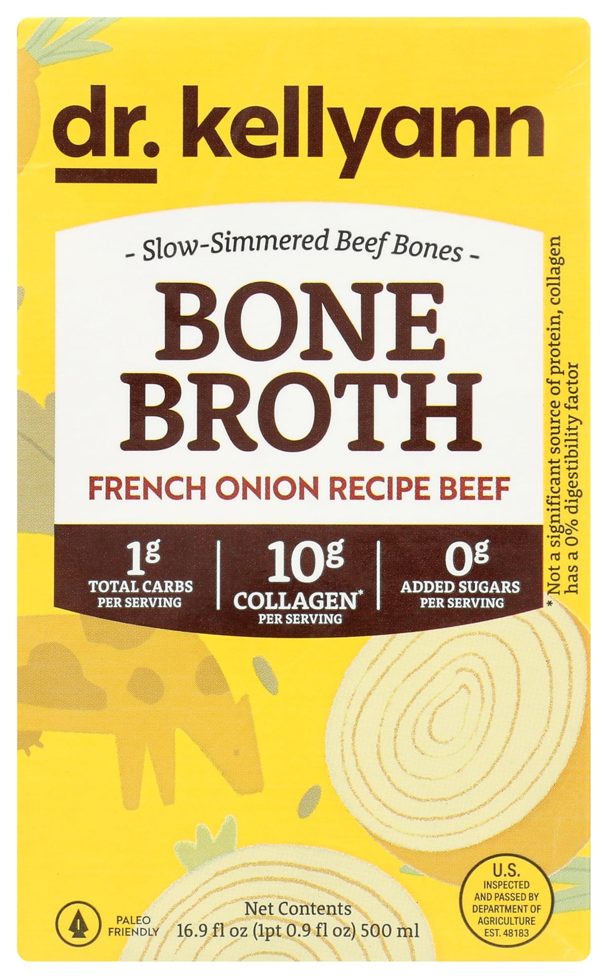 Dr. Kellyann French Onion Bone Broth bottle shows rich flavor and clean ingredients.