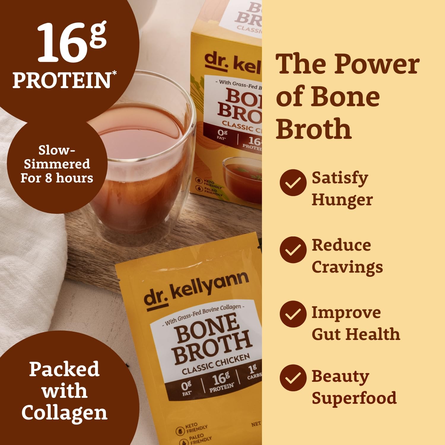 Dr. Kellyann keto-friendly bone broth packet ideal for low-carb meals