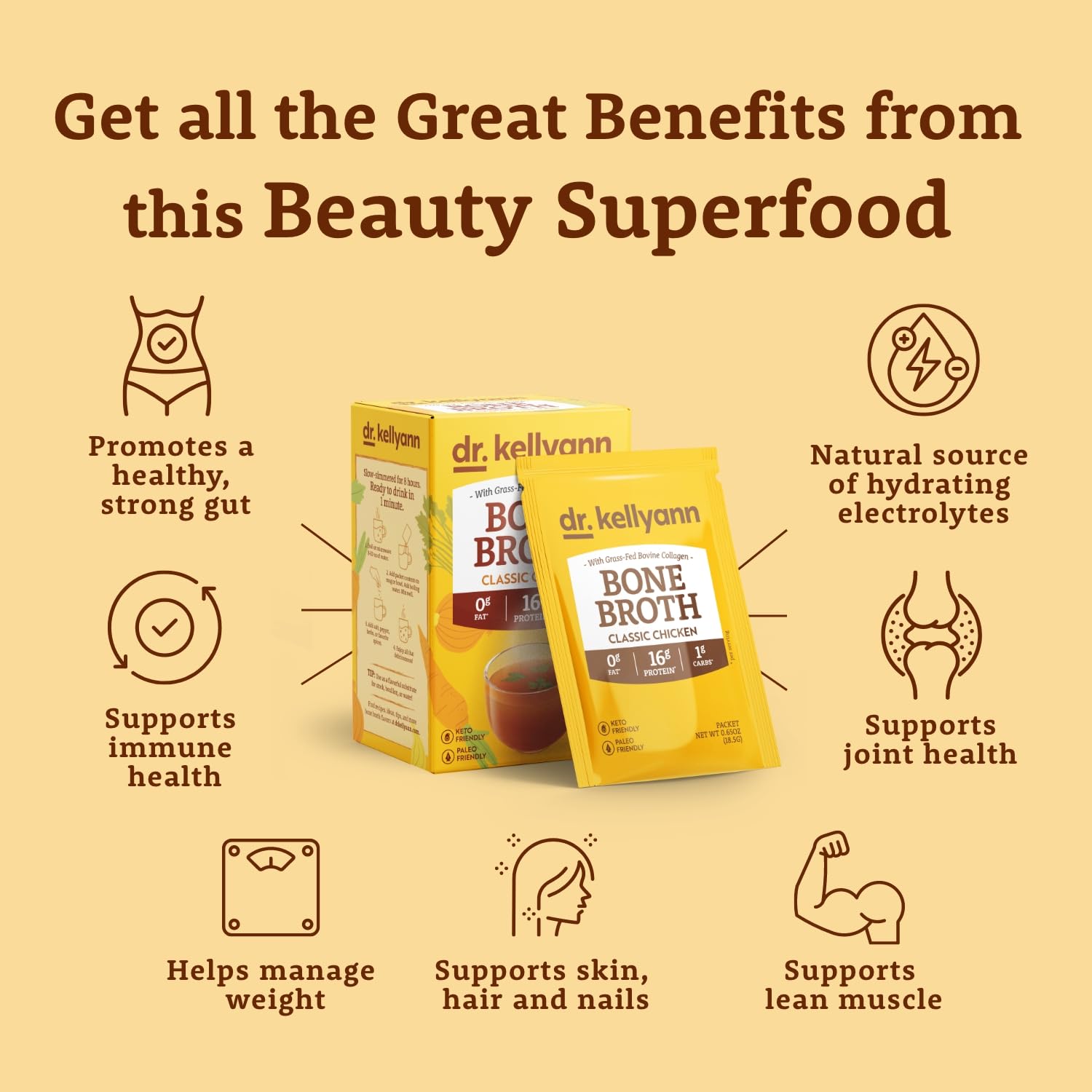 Dr. Kellyann paleo-friendly bone broth packet designed for clean eating