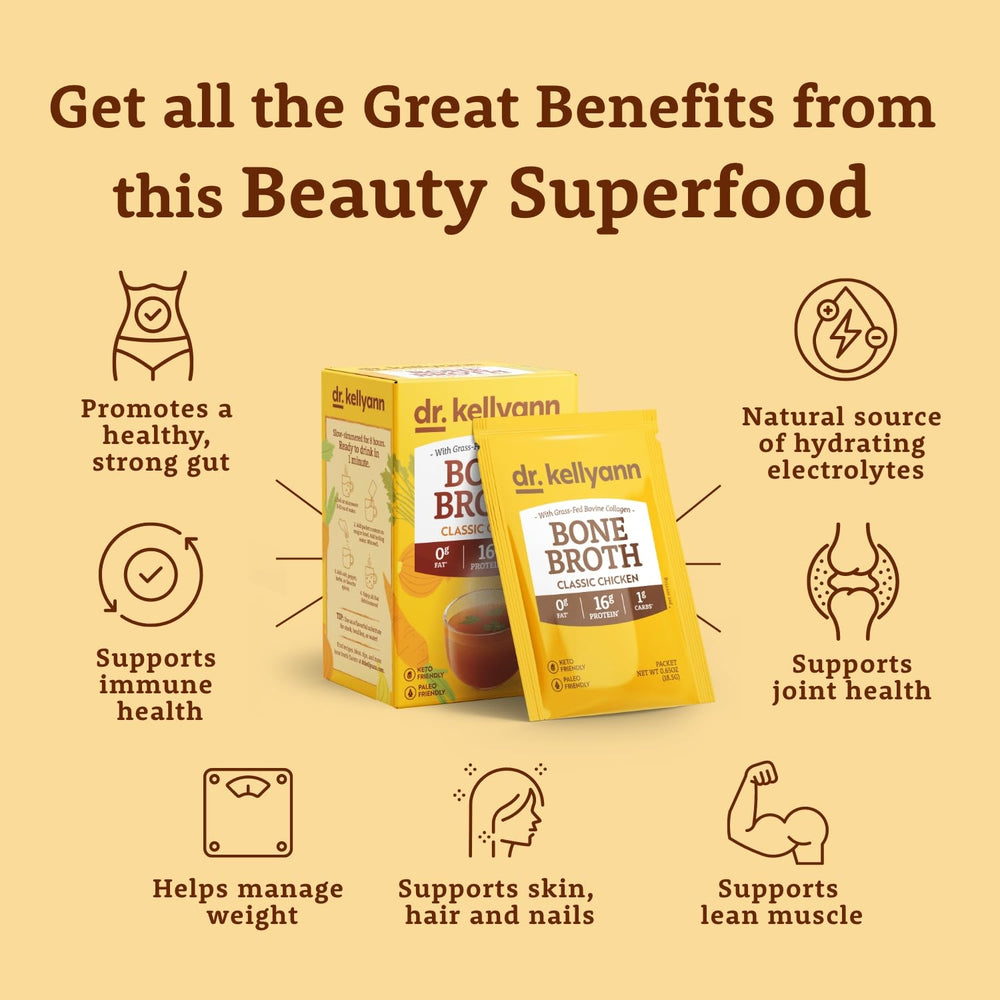 Dr. Kellyann paleo-friendly bone broth packet designed for clean eating