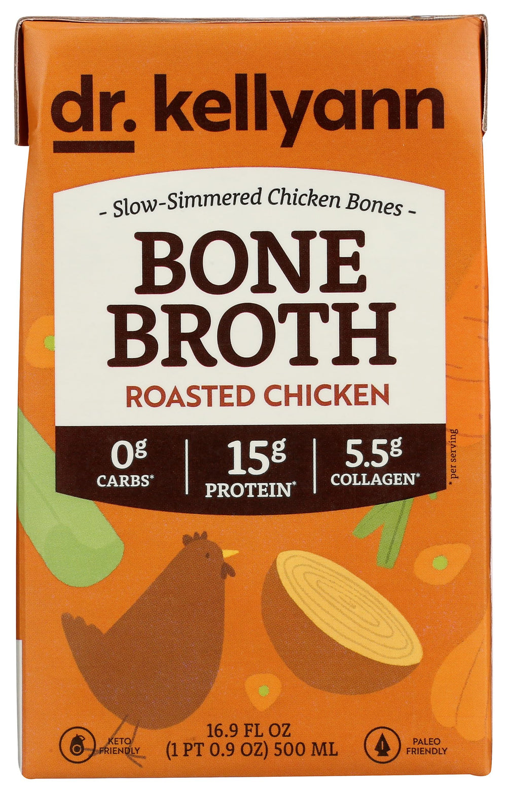 Dr. Kellyann roasted chicken bone broth bottle shows rich color for sipping