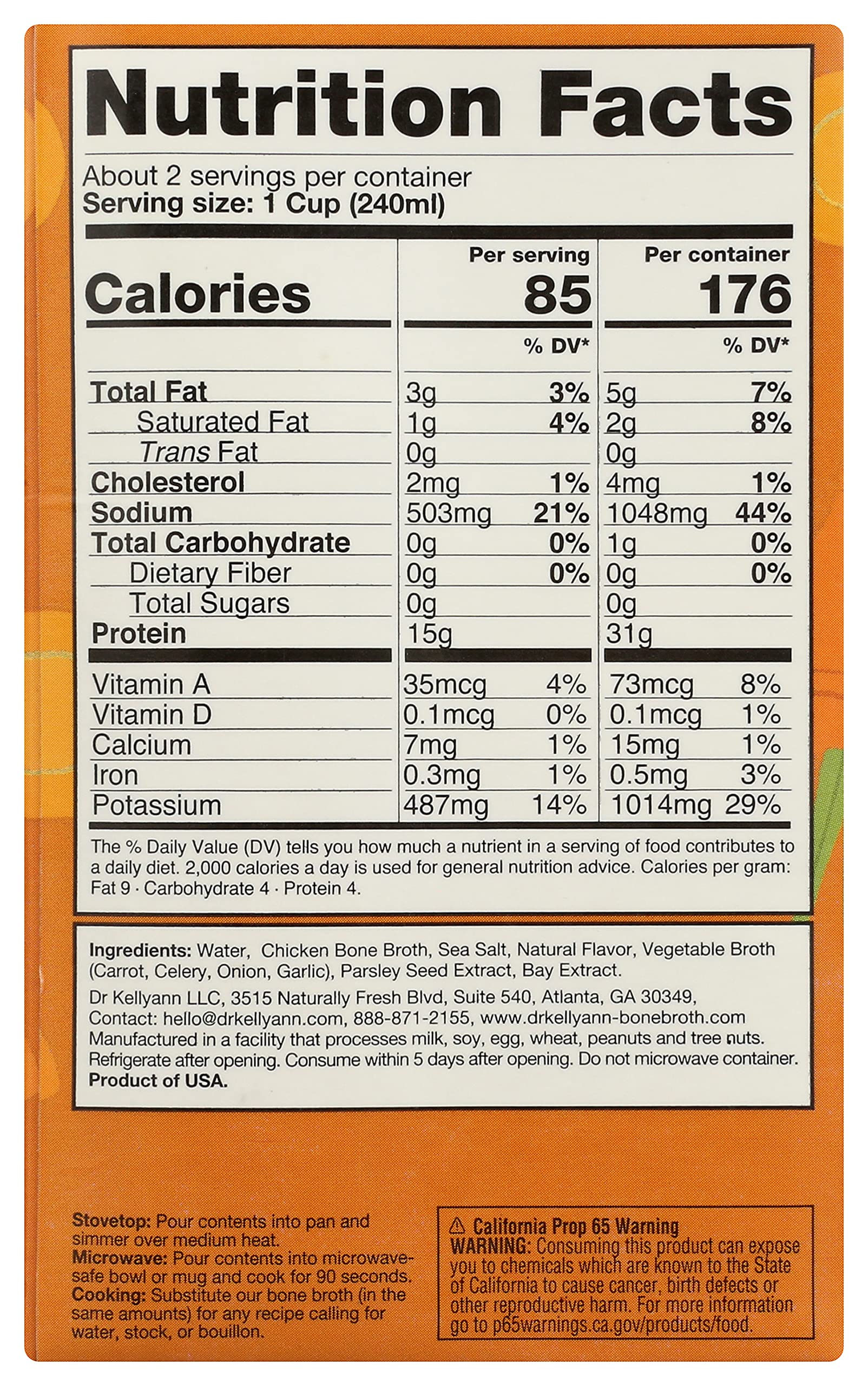 Dr. Kellyann roasted chicken bone broth label closeup highlights clean ingredients