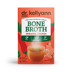 Dr. Kellyann Sriracha chicken broth packets in a box for convenient protein-rich nutrition.